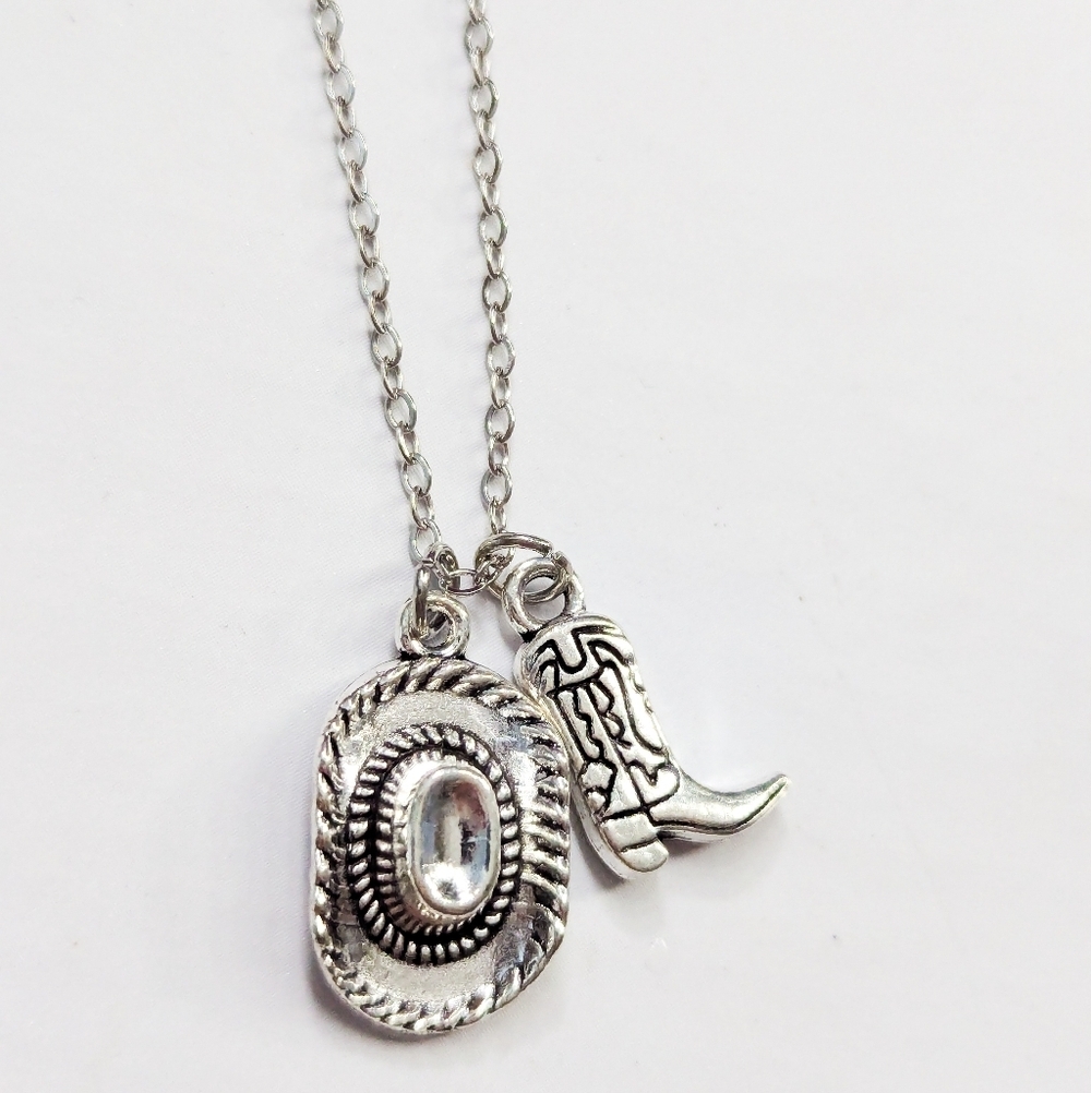 Silver Western Cowboy Hat & Boot Necklace Dainty Coastal Cowgirl Jewelry - Picture 4 of 12